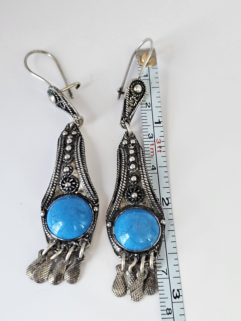 Vintage 950 Silver Turquoise Chandelier Earrings, Heavy 16g Artisan Handmade - Picture 8 of 8